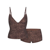 FITS EVERYBODY PICOT CAMI AND BOY SHORT SET | UMBER LEOPARD PRINT