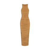 CUPRO JERSEY RUCHED LONG DRESS | ALMOND