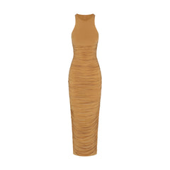 CUPRO JERSEY RUCHED LONG DRESS | ALMOND