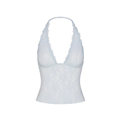 STRETCH LACE HALTER TOP | POWDER BLUE