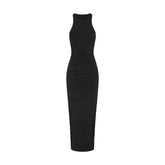 CUPRO JERSEY RUCHED LONG DRESS | OBSIDIAN