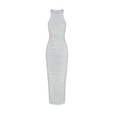 CUPRO JERSEY RUCHED LONG DRESS | PEARL