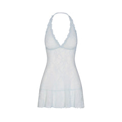 STRETCH LACE HALTER MINI DRESS | POWDER BLUE