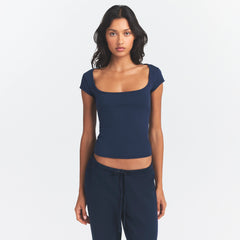 COTTON JERSEY SCOOP NECK T-SHIRT | NAVY