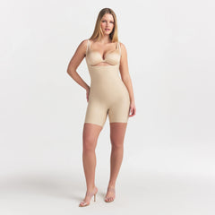 SKIMS BODY CORE SCULPT BACK SMOOTHING OPEN BUST MID THIGH BODYSUIT | SAND