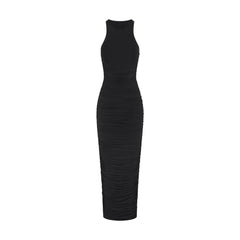 CUPRO JERSEY RUCHED LONG DRESS | OBSIDIAN