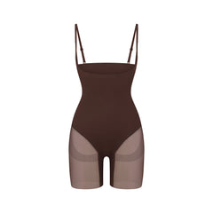 POWER MESH SHAPEWEAR CORE SCULPT OPEN BUST MID THIGH BODYSUIT | COCOA