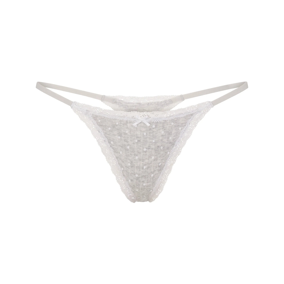 LIGHTWEIGHT COTTON POINTELLE LACE STRING THONG | LIGHT HEATHER GREY PIN DOT