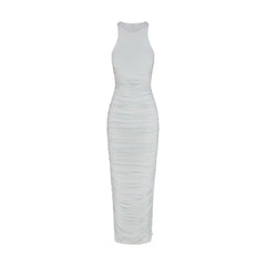 CUPRO JERSEY RUCHED LONG DRESS | PEARL