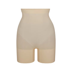 SHEER SEAMLESS HIGH-WAISTED MID THIGH SHORT | SAND