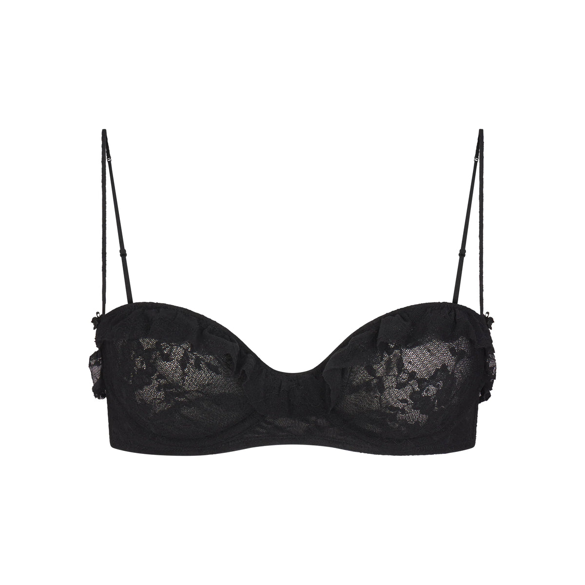 STRETCH LACE RUFFLE UNLINED BRA | SOOT