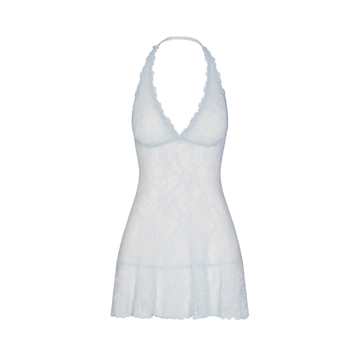 STRETCH LACE HALTER MINI DRESS | POWDER BLUE